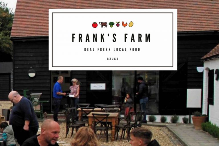 Exterior of Frank’s Farm café with outdoor seating and visitors, used to promote a sustainable food workshop.
