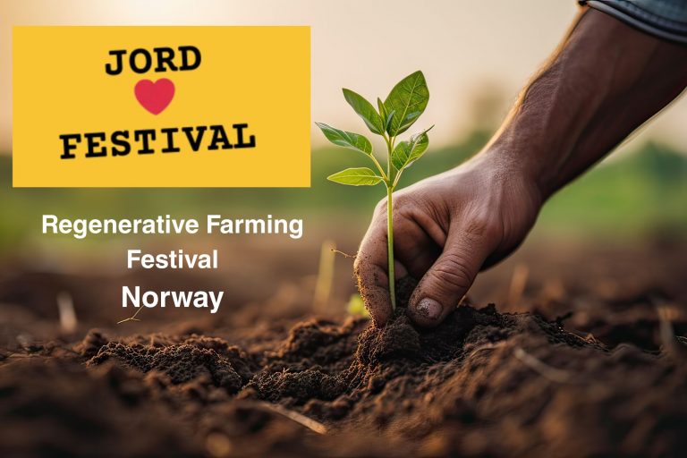 Hand planting a young seedling in soil, promoting the Jord Regenerative Farming Festival in Norway.