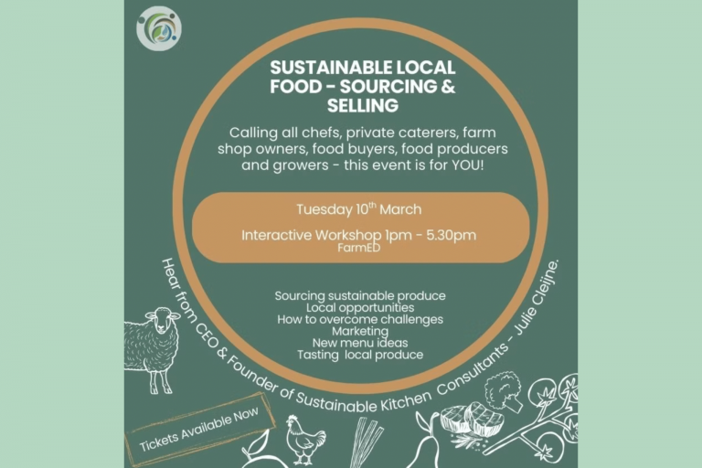 Illustrated poster advertising a Sustainable Local Food sourcing and selling workshop.